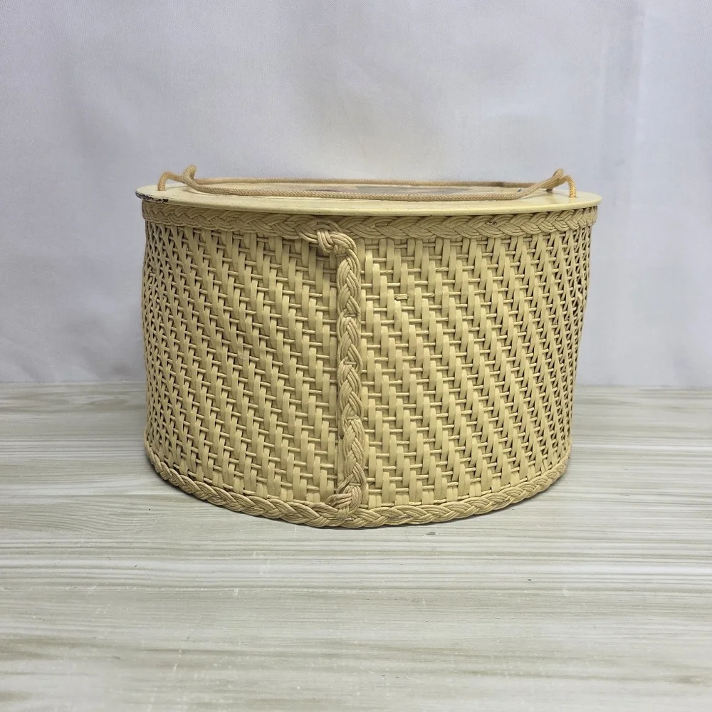 Vintage Soft Yellow Wicker Sewing Basket
